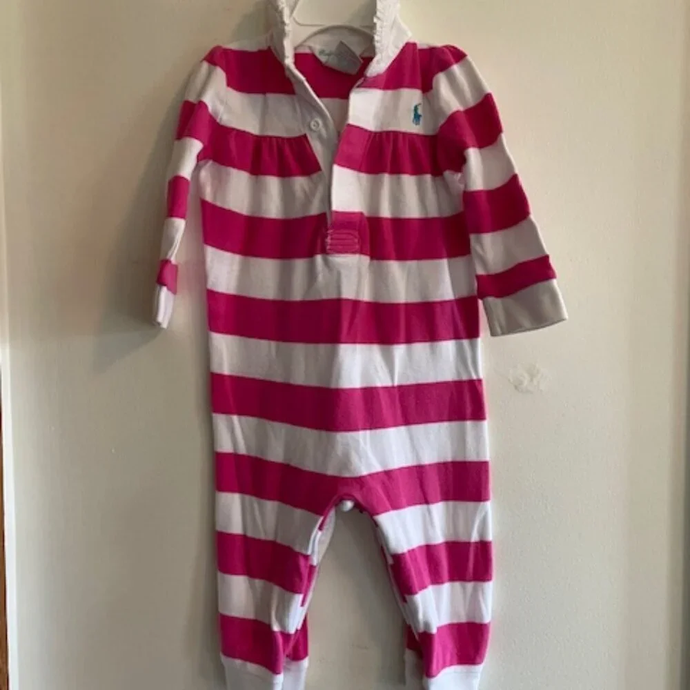 RALPH LAUREN Coverall Romper Long Sleeve Pink White Stripe 9 Mos